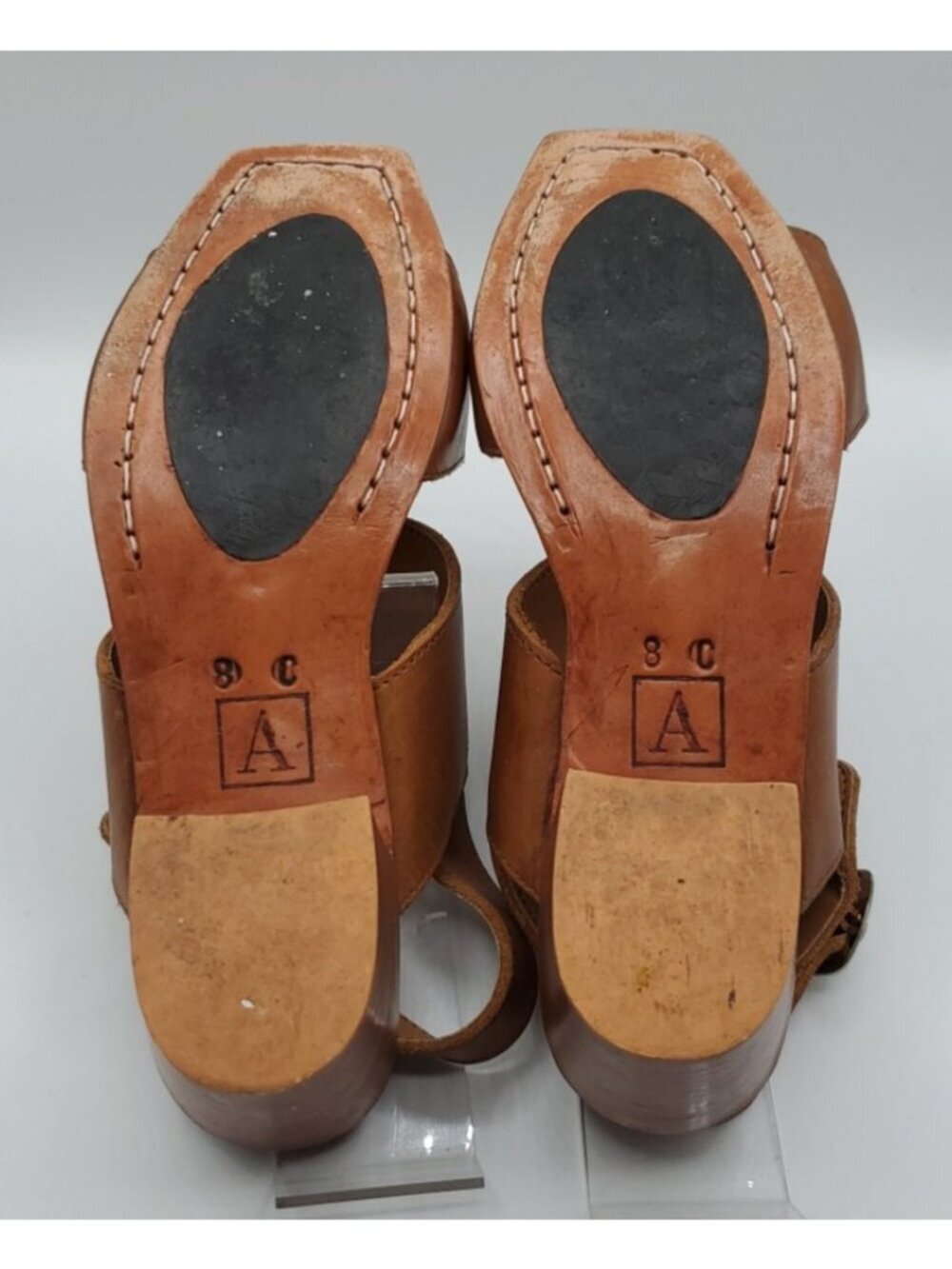 Adelante The Serena Sandal Sz 8C Tan Square Toe Heel Handmade Leather Shoes - Picture 13 of 14